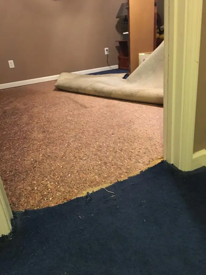 Carpet pad removal revealing water damage during Water Mitigation Services in Port Jefferson